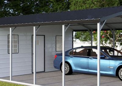 blue car under high-quality custom metal carport with attached storage building
